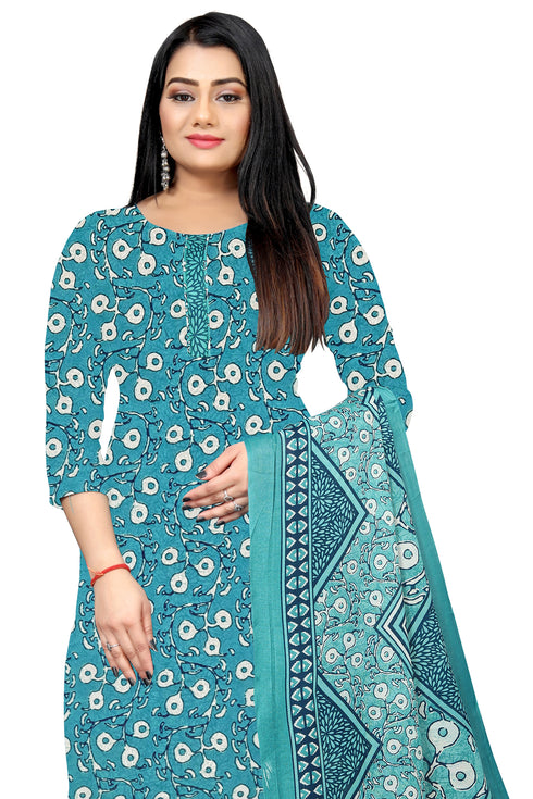 Aqua Cotton Blend Printed Unstitched Salwar Suit Material