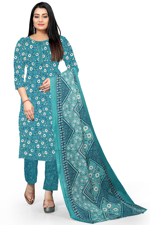 Aqua Cotton Blend Printed Unstitched Salwar Suit Material