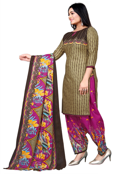 Beige Cotton Blend Printed Unstitched Salwar Suit Material