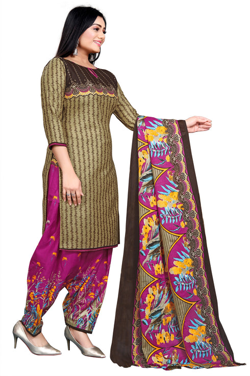 Beige Cotton Blend Printed Unstitched Salwar Suit Material