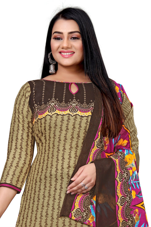 Beige Cotton Blend Printed Unstitched Salwar Suit Material