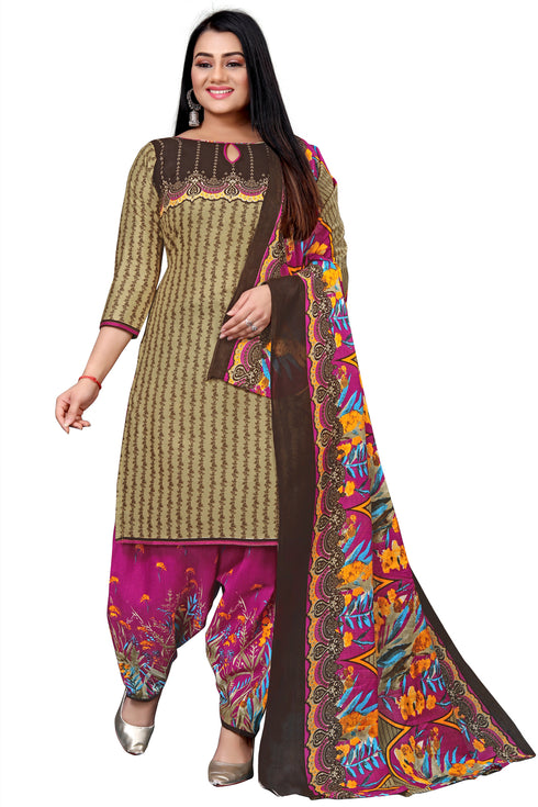 Beige Cotton Blend Printed Unstitched Salwar Suit Material