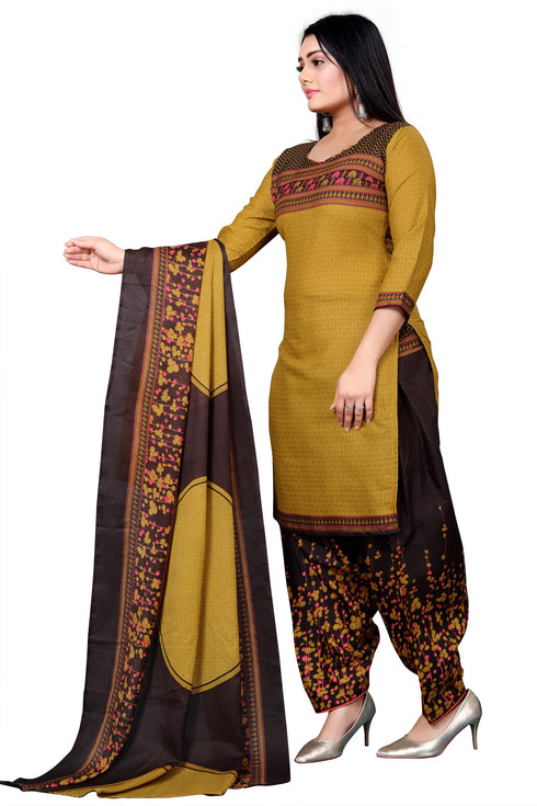 Mustard & Brown Cotton Blend Printed Unstitched Salwar Suit Material