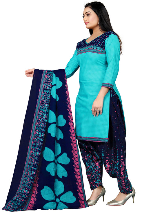 Aqua Cotton Blend Printed Unstitched Salwar Suit Material