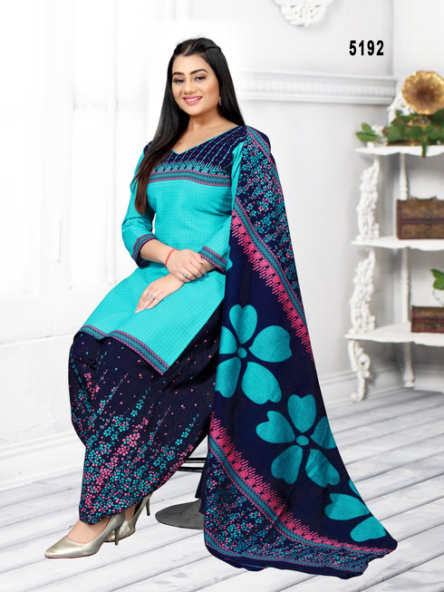 Aqua Cotton Blend Printed Unstitched Salwar Suit Material