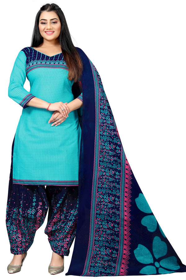 Aqua Cotton Blend Printed Unstitched Salwar Suit Material