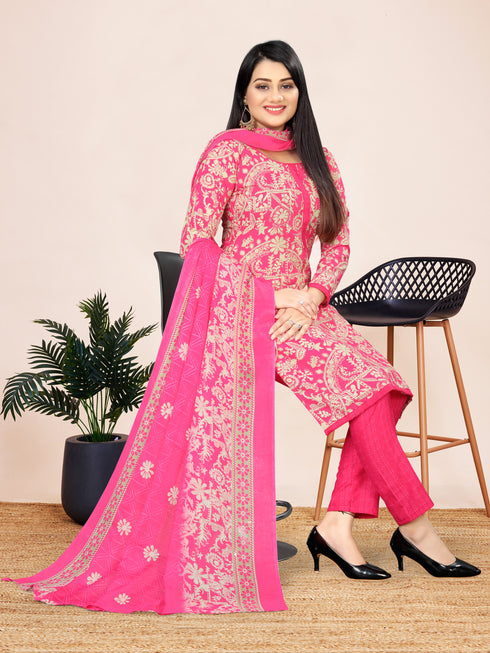 Pink Cotton Blend Printed Unstitched Salwar Suit Material