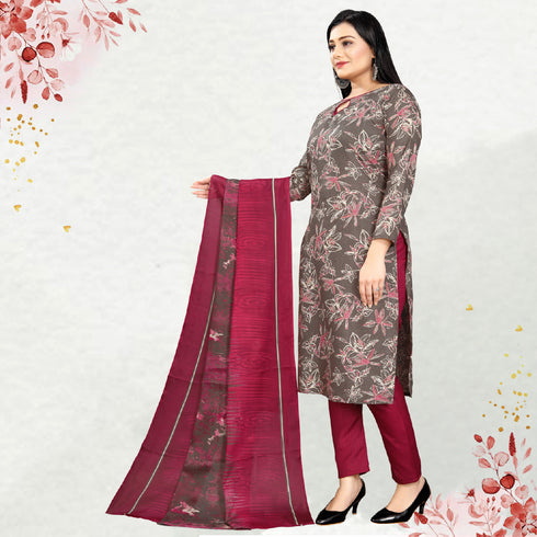Brown Cotton Blend Printed Unstitched Salwar Suit Material