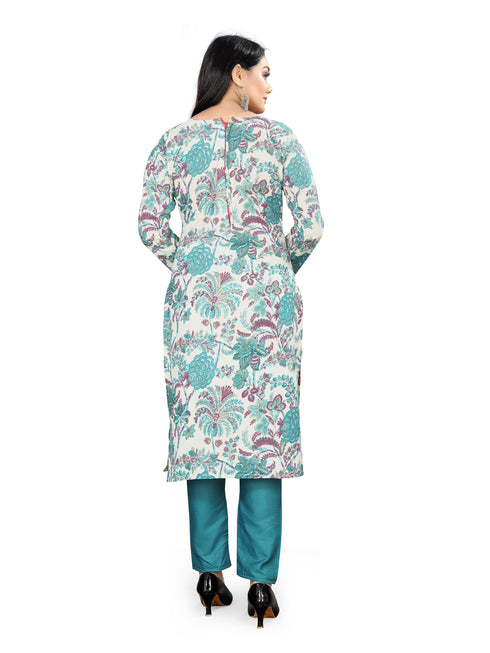 Off White & Teal Cotton Blend Printed Unstitched Salwar Suit Material