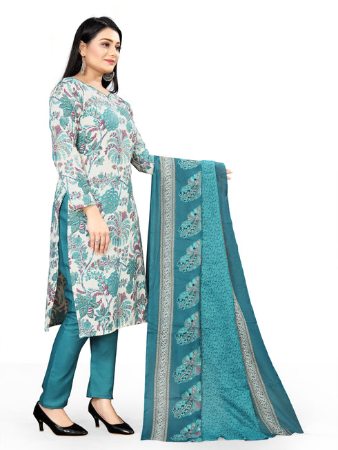 Off White & Teal Cotton Blend Printed Unstitched Salwar Suit Material