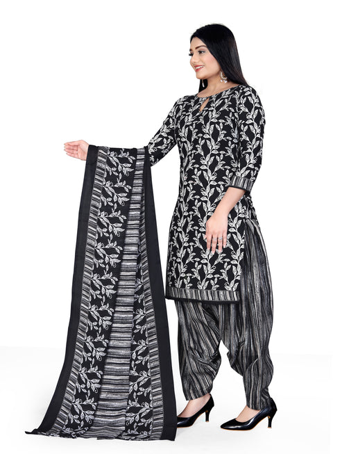 Black & White Cotton Blend Printed Unstitched Salwar Suit Material