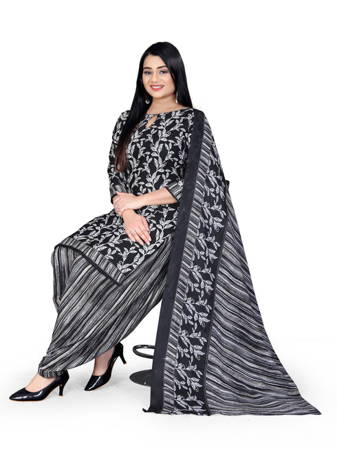 Black & White Cotton Blend Printed Unstitched Salwar Suit Material