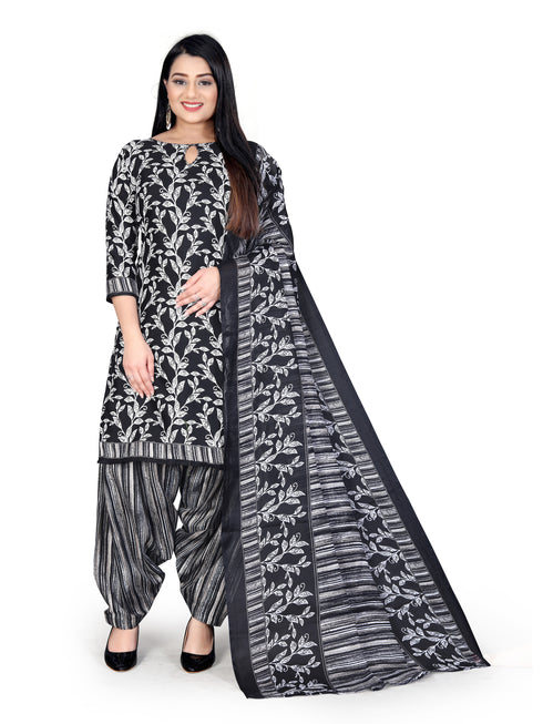 Black & White Cotton Blend Printed Unstitched Salwar Suit Material