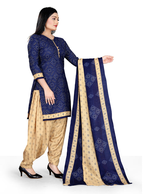 Navy Blue Cotton Blend Printed Unstitched Salwar Suit Material