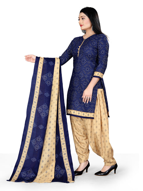 Navy Blue Cotton Blend Printed Unstitched Salwar Suit Material