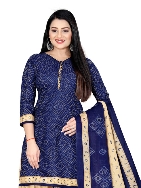 Navy Blue Cotton Blend Printed Unstitched Salwar Suit Material