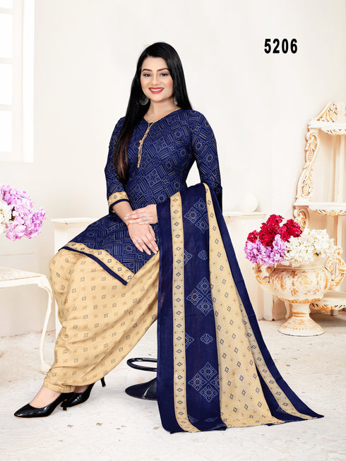 Navy Blue Cotton Blend Printed Unstitched Salwar Suit Material