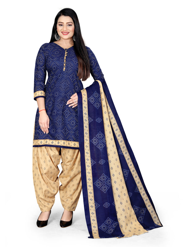Navy Blue Cotton Blend Printed Unstitched Salwar Suit Material
