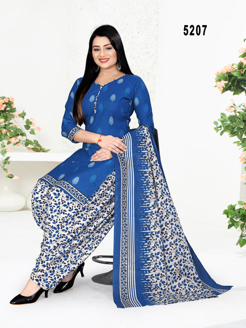 Blue Cotton Blend Printed Unstitched Salwar Suit Material