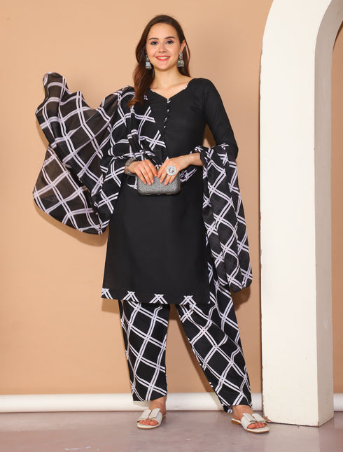 Black Polyester Cotton Printed Salwar Suit with Dupatta
