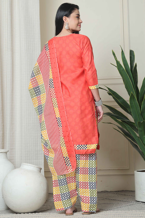 Peach Polyester Cotton Printed Salwar Suit with Dupatta