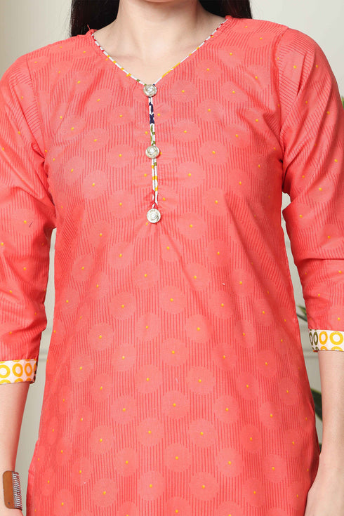 Peach Polyester Cotton Printed Salwar Suit with Dupatta