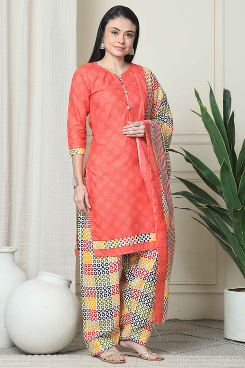 Peach Polyester Cotton Printed Salwar Suit with Dupatta