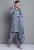 Grey & Green Polyester Cotton Printed Salwar Suit with Dupatta