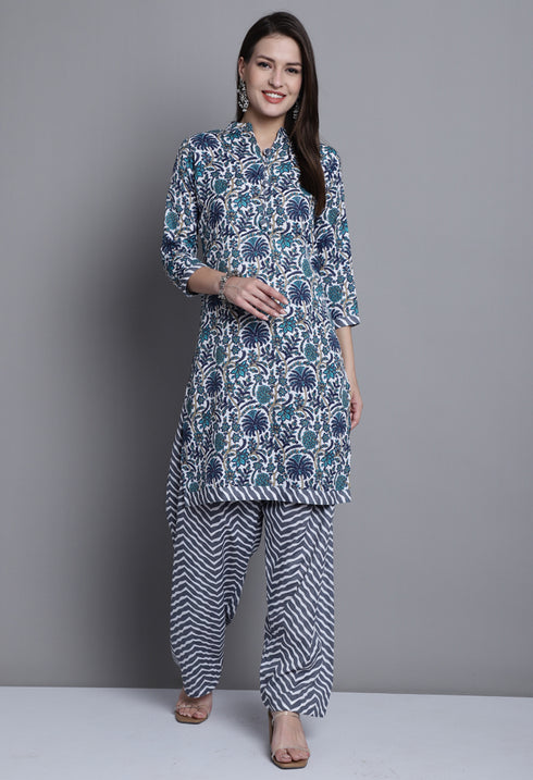 Grey & Green Polyester Cotton Printed Salwar Suit with Dupatta