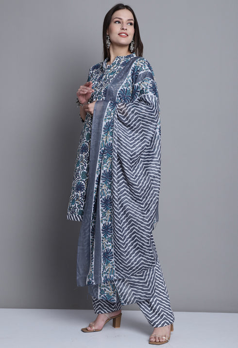 Grey & Green Polyester Cotton Printed Salwar Suit with Dupatta