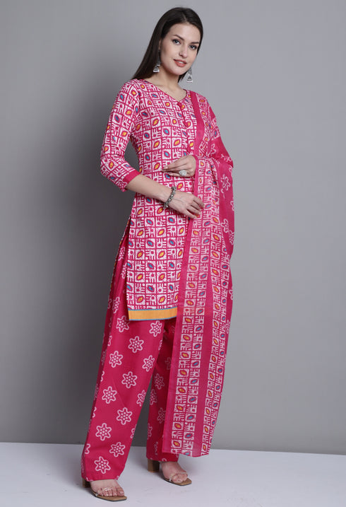 Pink Polyester Cotton Printed Salwar Suit with Dupatta