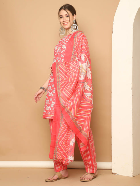 Peach & White Cotton Blend Printed Ready to Wear Patiala Salwar Suit