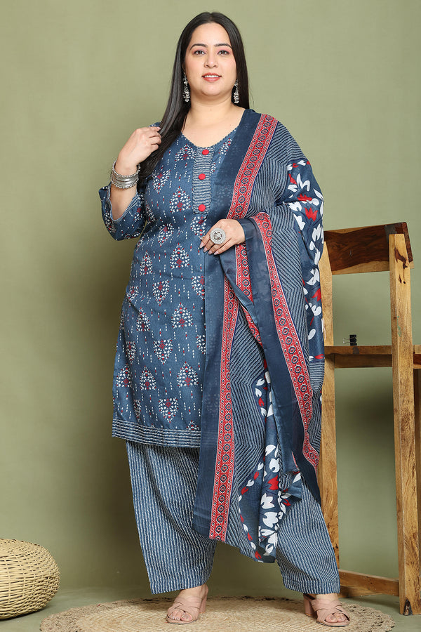 Grey & White Cotton Blend Printed Ready to Wear Patiala Salwar Suit