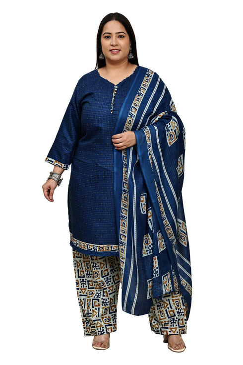 Royal Blue Cotton Blend Printed Plus Size Readymade Patiala Salwar Suit