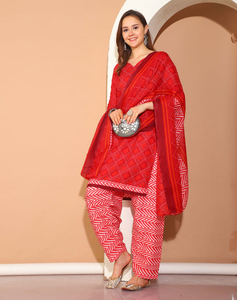 Maroon Cotton Blend Printed Ready to Wear Patiala Salwar Suit