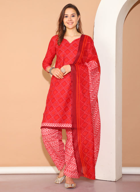Maroon Cotton Blend Printed Ready to Wear Patiala Salwar Suit