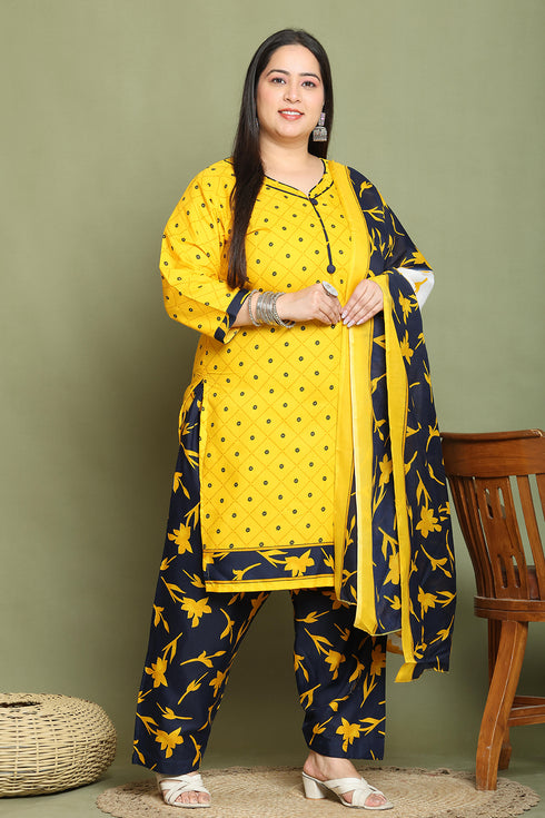 Mustard Cotton Blend Printed Plus Size Ready to Wear Patiala Salwar Suit