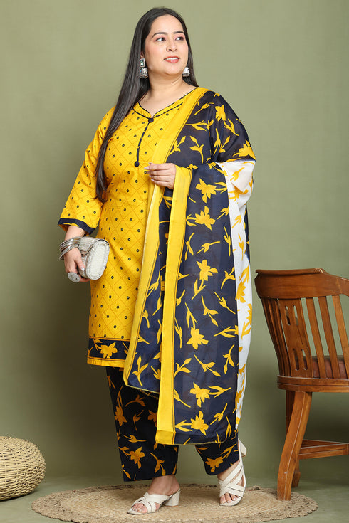 Mustard Cotton Blend Printed Plus Size Ready to Wear Patiala Salwar Suit
