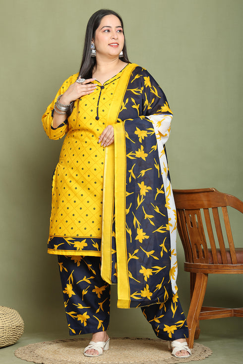 Mustard Cotton Blend Printed Plus Size Ready to Wear Patiala Salwar Suit