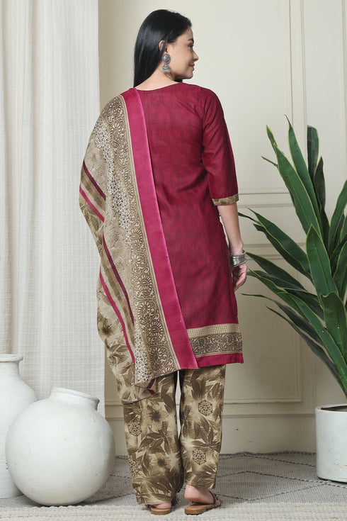 Wine Cotton Blend Printed Readymade Patiala Salwar Suit