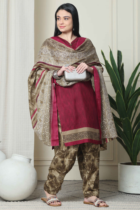 Wine Cotton Blend Printed Readymade Patiala Salwar Suit