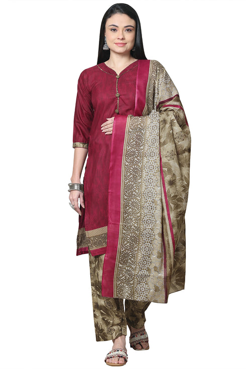 Wine Cotton Blend Printed Readymade Patiala Salwar Suit