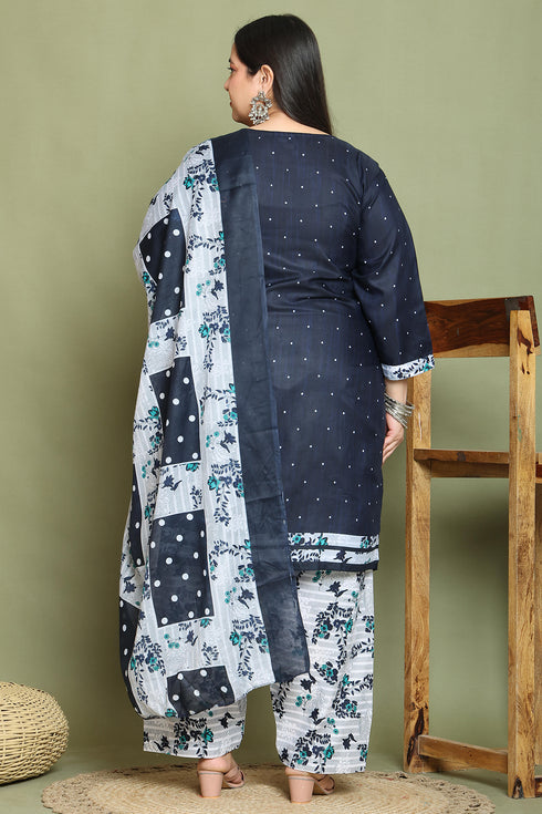 Navy Blue Cotton Blend Printed Ready to Wear Patiala Salwar Suit