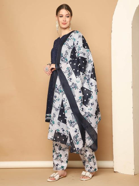 Navy Blue Cotton Blend Printed Readymade Patiala Salwar Suit