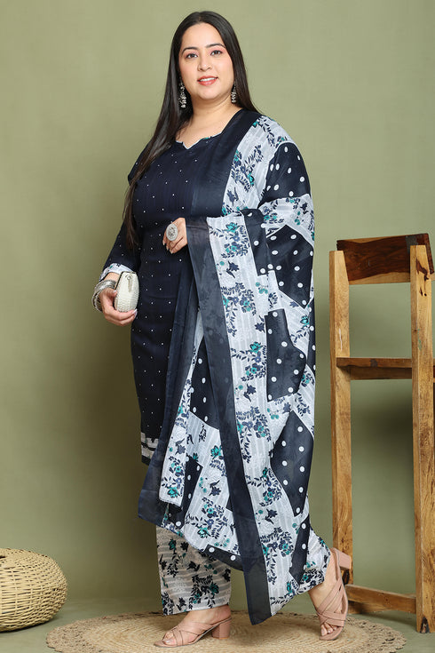 Navy Blue Cotton Blend Printed Ready to Wear Patiala Salwar Suit