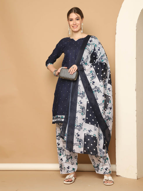 Navy Blue Cotton Blend Printed Readymade Patiala Salwar Suit