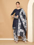 Navy Blue Cotton Blend Printed Readymade Patiala Salwar Suit