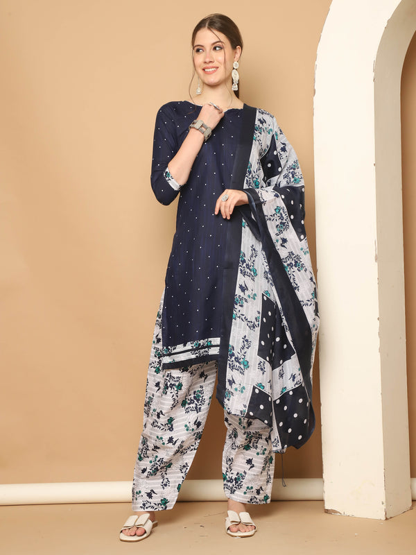 Navy Blue Cotton Blend Printed Readymade Patiala Salwar Suit