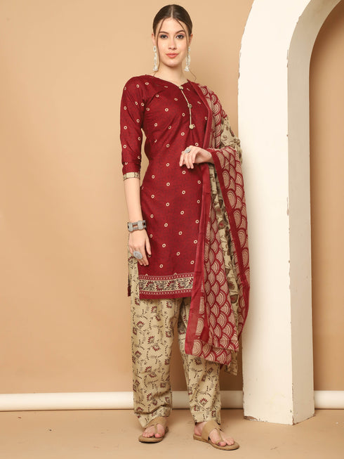 Maroon Cotton Blend Printed Ready to Wear Patiala Salwar Suit