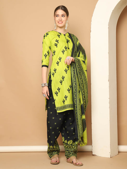 Neon Yellow Cotton Blend Printed Readymade Patiala Salwar Suit
